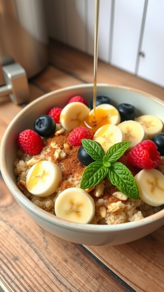 A nutritious quinoa breakfast bowl topped with banana, berries, nuts, and honey on a rustic kitchen counter.